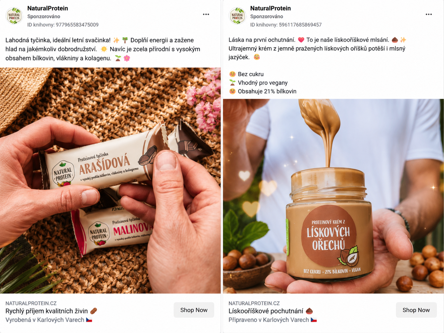 Ukázky reklam NaturalProtein – Proteinová tyčinka a Lískooříškový krém
