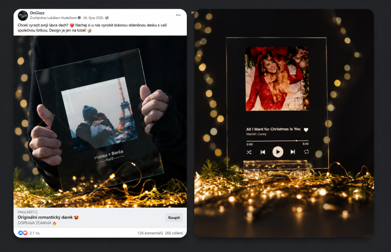 Ukázky reklam OnGlazz – Pařížská skleněná deska a Vánoční hudební panel